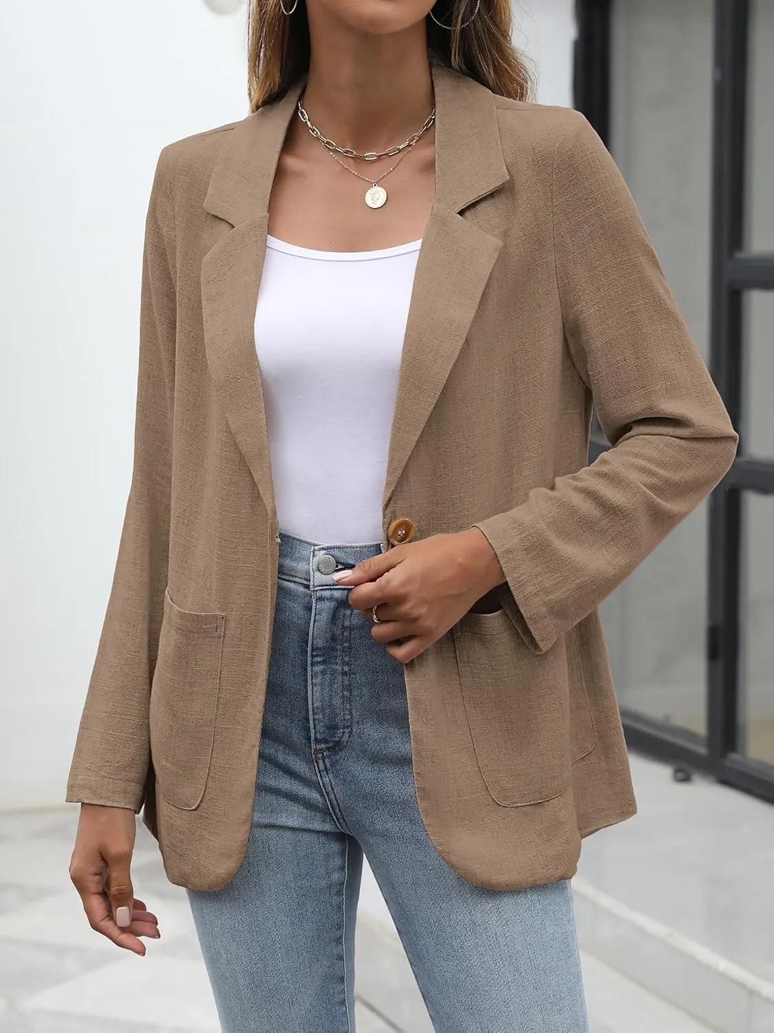 ELLEVEN Womens Linen Blazer Casual Long Sleeve Lightweight One Button Jackets Spring Summer Suit