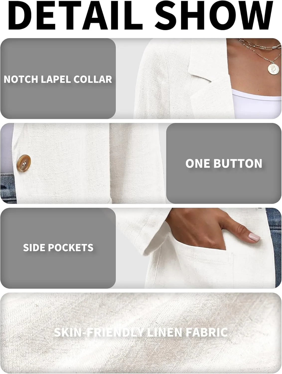 ELLEVEN Womens Linen Blazer Casual Long Sleeve Lightweight One Button Jackets Spring Summer Suit