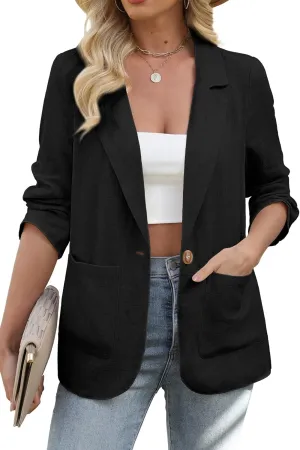 ELLEVEN Womens Linen Blazer Casual Long Sleeve Lightweight One Button Jackets Spring Summer Suit