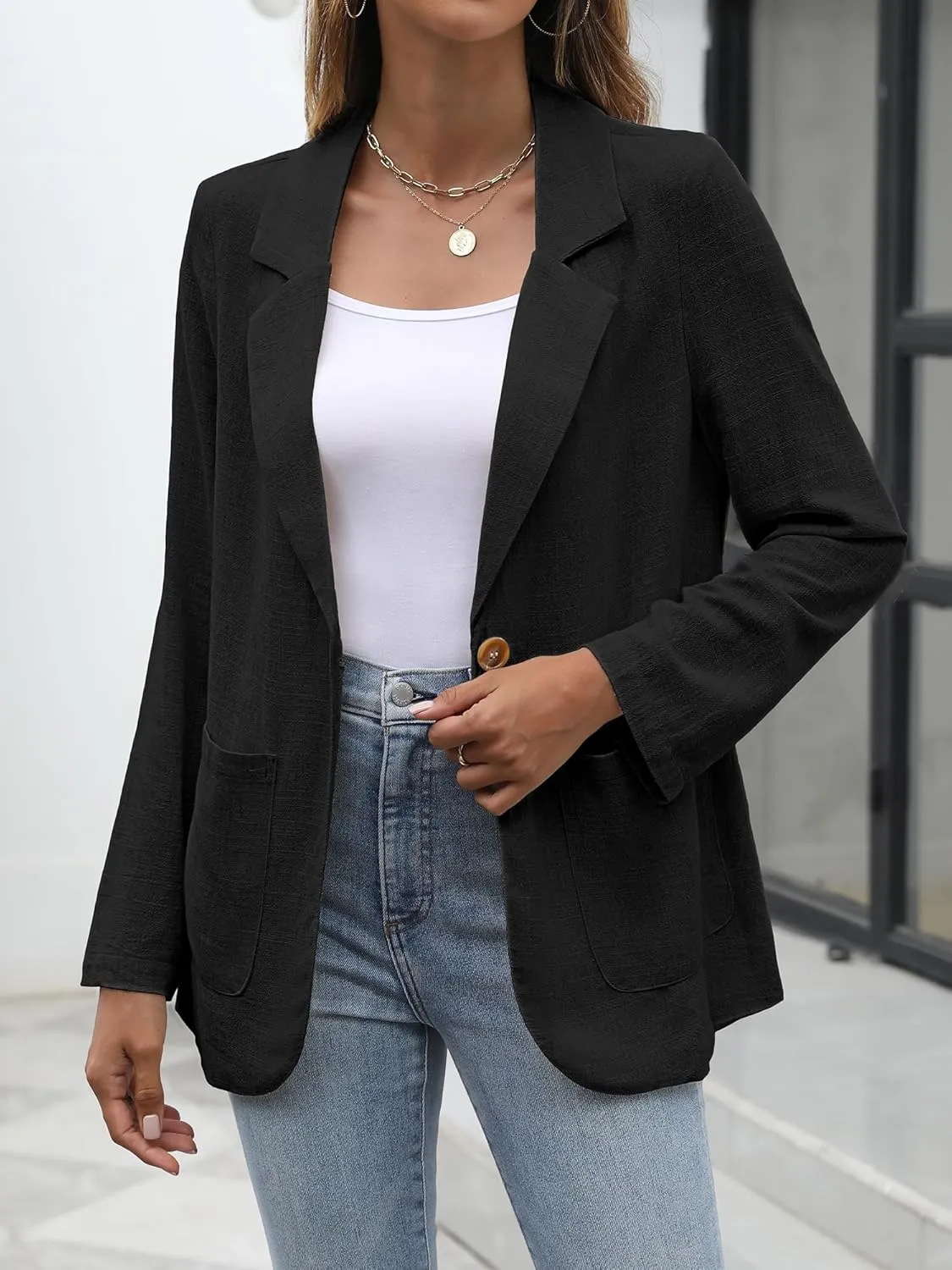 ELLEVEN Womens Linen Blazer Casual Long Sleeve Lightweight One Button Jackets Spring Summer Suit
