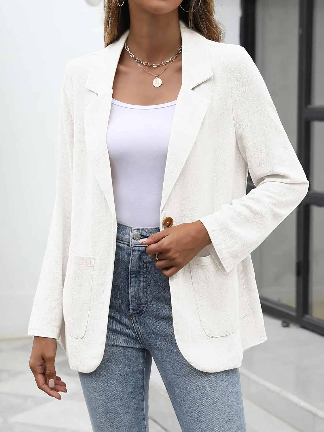 ELLEVEN Womens Linen Blazer Casual Long Sleeve Lightweight One Button Jackets Spring Summer Suit