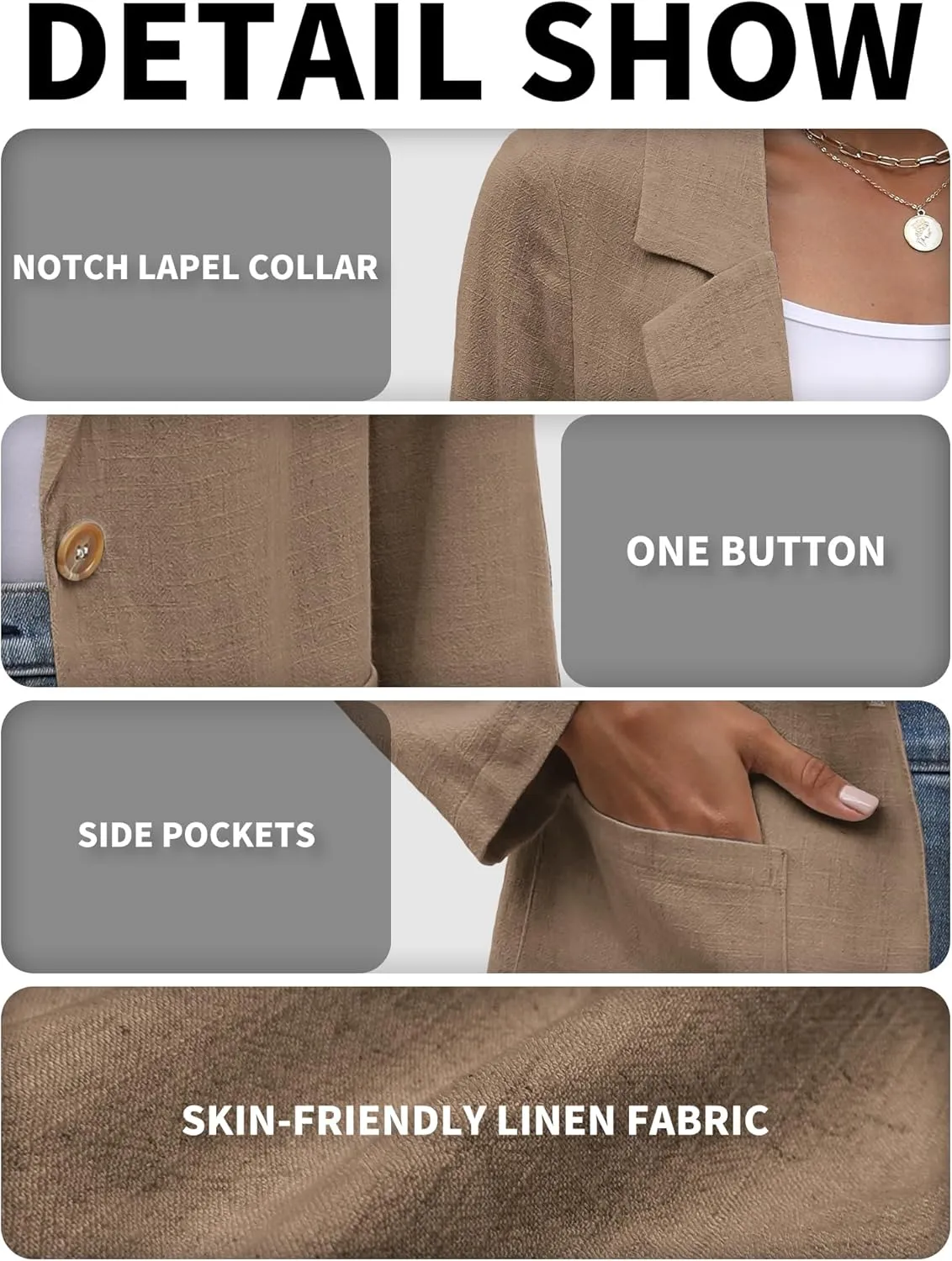 ELLEVEN Womens Linen Blazer Casual Long Sleeve Lightweight One Button Jackets Spring Summer Suit