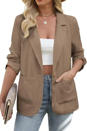 ELLEVEN Womens Linen Blazer Casual Long Sleeve Lightweight One Button Jackets Spring Summer Suit