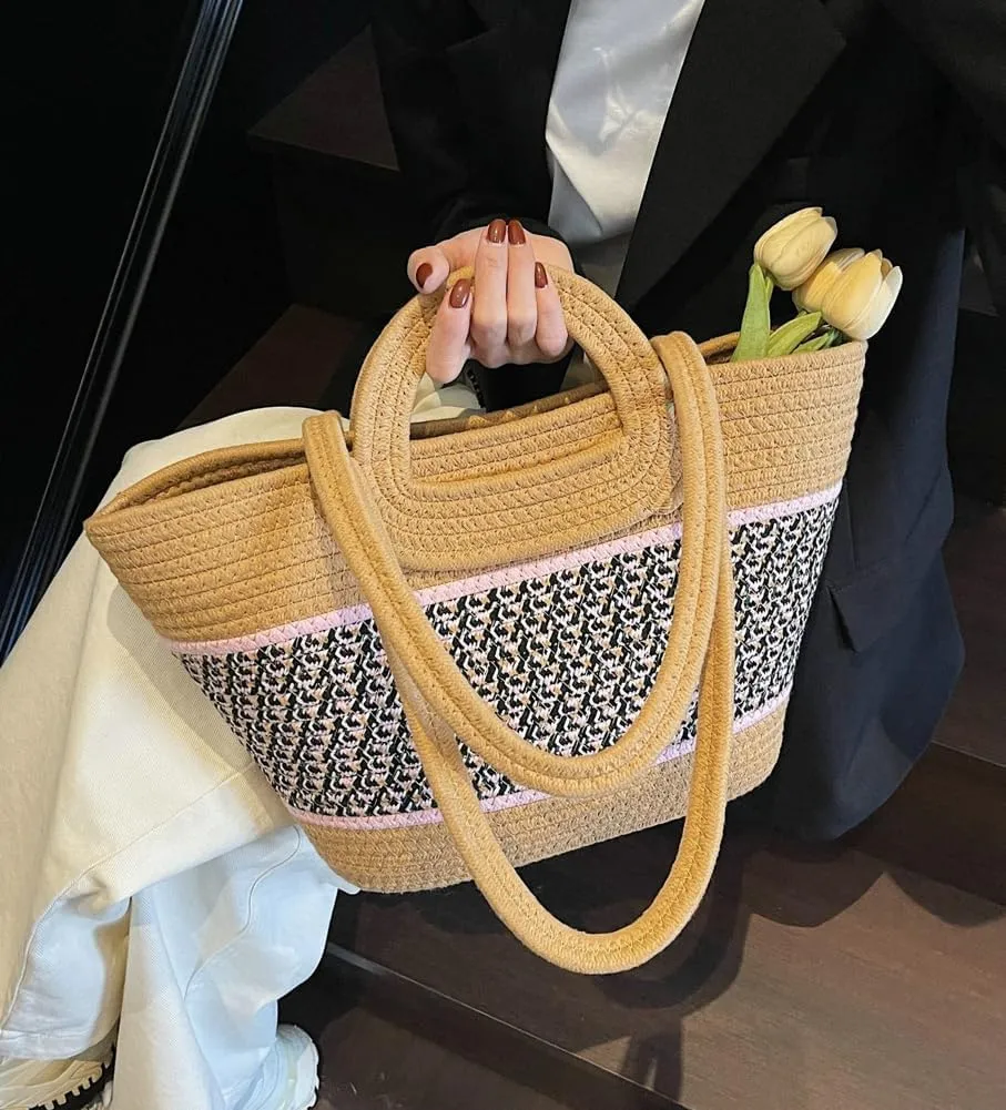 Epsion Summer Straw Tote Bags for Women Knitted Handbags Beach Woven Shoulder Bag Travel 2025