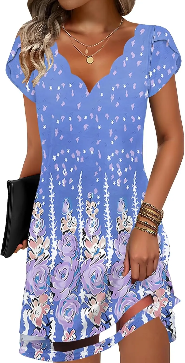 ETCYY NEW Womens Summer Dresses Mesh Hem Petal Short Sleeve Dress Floral Print Daily Sundresses with Pockets