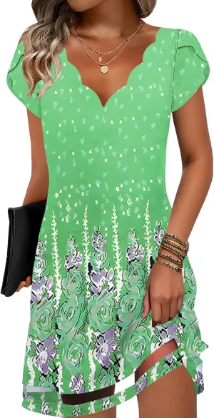 ETCYY NEW Womens Summer Dresses Mesh Hem Petal Short Sleeve Dress Floral Print Daily Sundresses with Pockets
