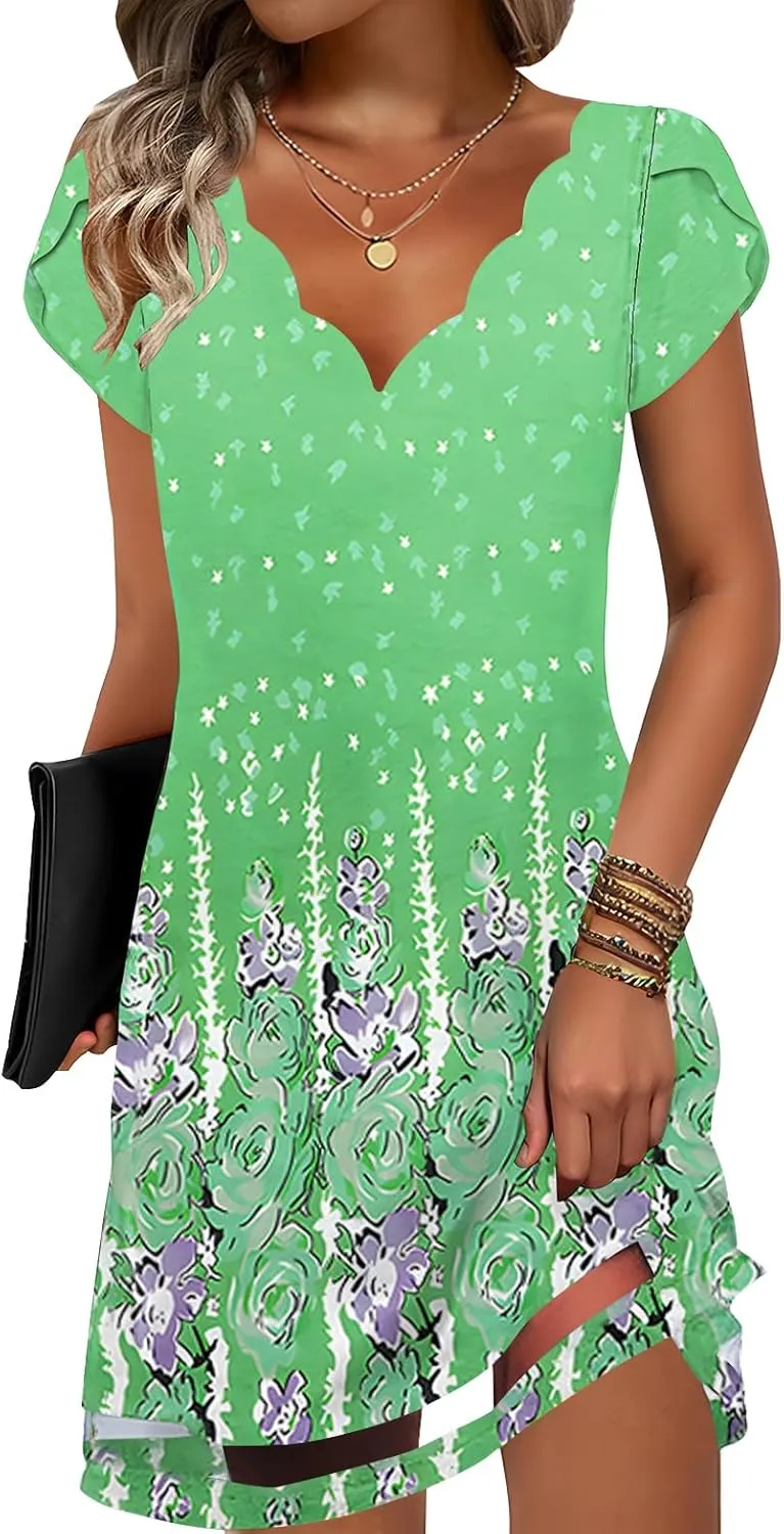 ETCYY NEW Womens Summer Dresses Mesh Hem Petal Short Sleeve Dress Floral Print Daily Sundresses with Pockets