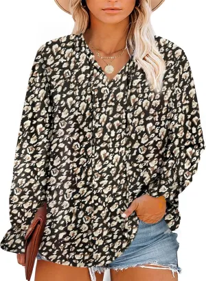 Eytino Plus Size Tops for Women Boho Floral Print V Neck Long Sleeve Drawstring Chiffon Blouses Shirts(1X-5X)