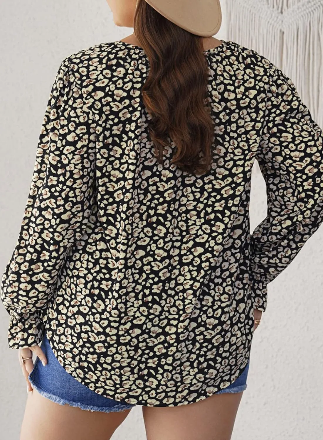 Eytino Plus Size Tops for Women Boho Floral Print V Neck Long Sleeve Drawstring Chiffon Blouses Shirts(1X-5X)