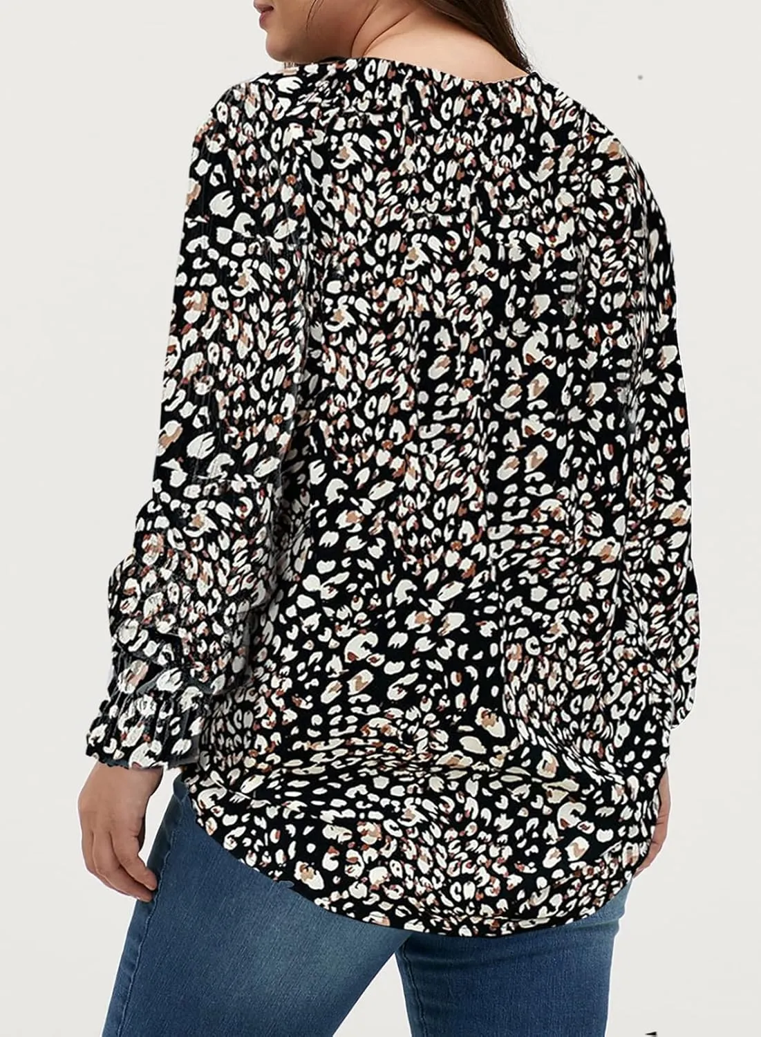 Eytino Plus Size Tops for Women Boho Floral Print V Neck Long Sleeve Drawstring Chiffon Blouses Shirts(1X-5X)