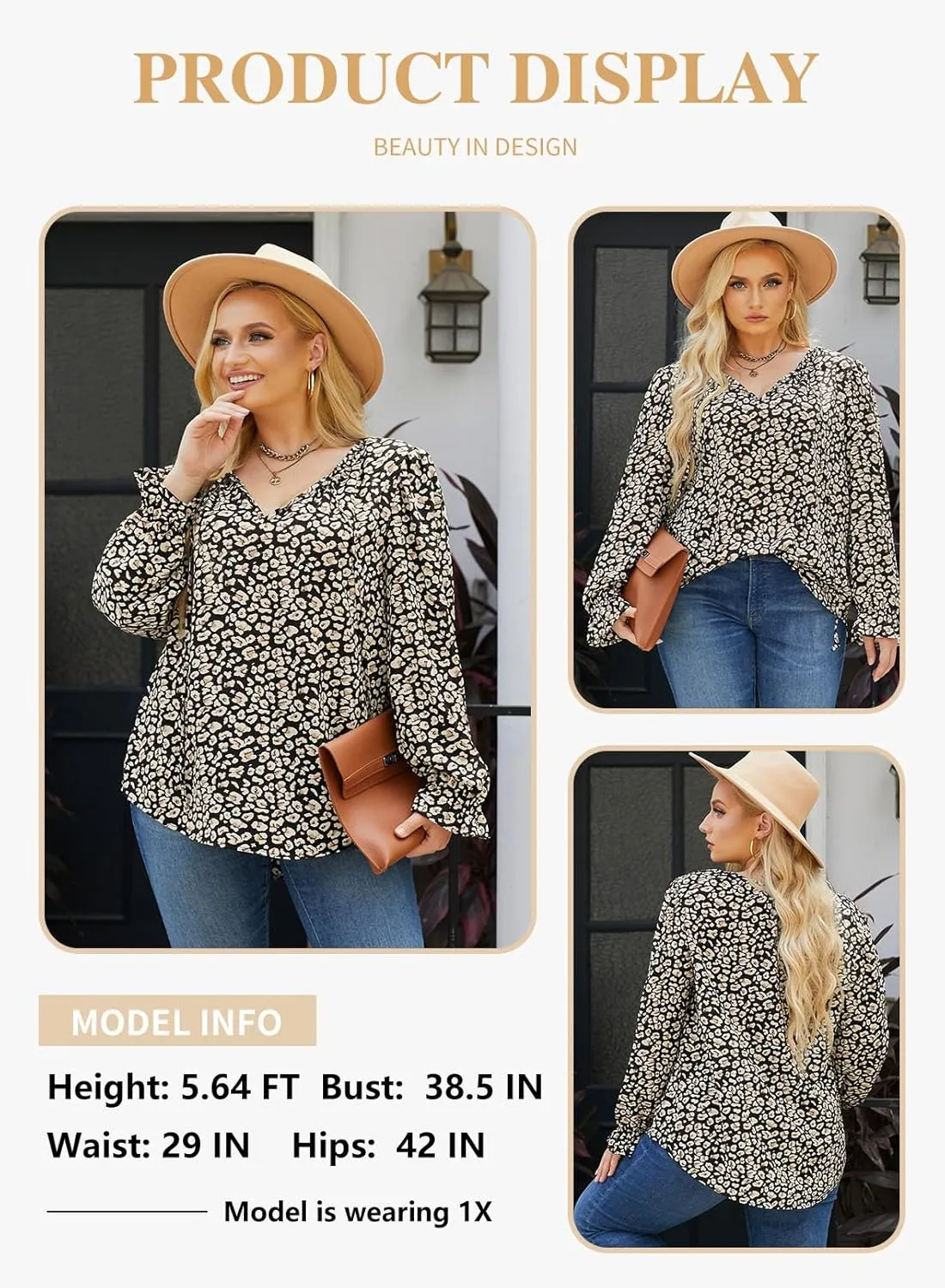 Eytino Plus Size Tops for Women Boho Floral Print V Neck Long Sleeve Drawstring Chiffon Blouses Shirts(1X-5X)