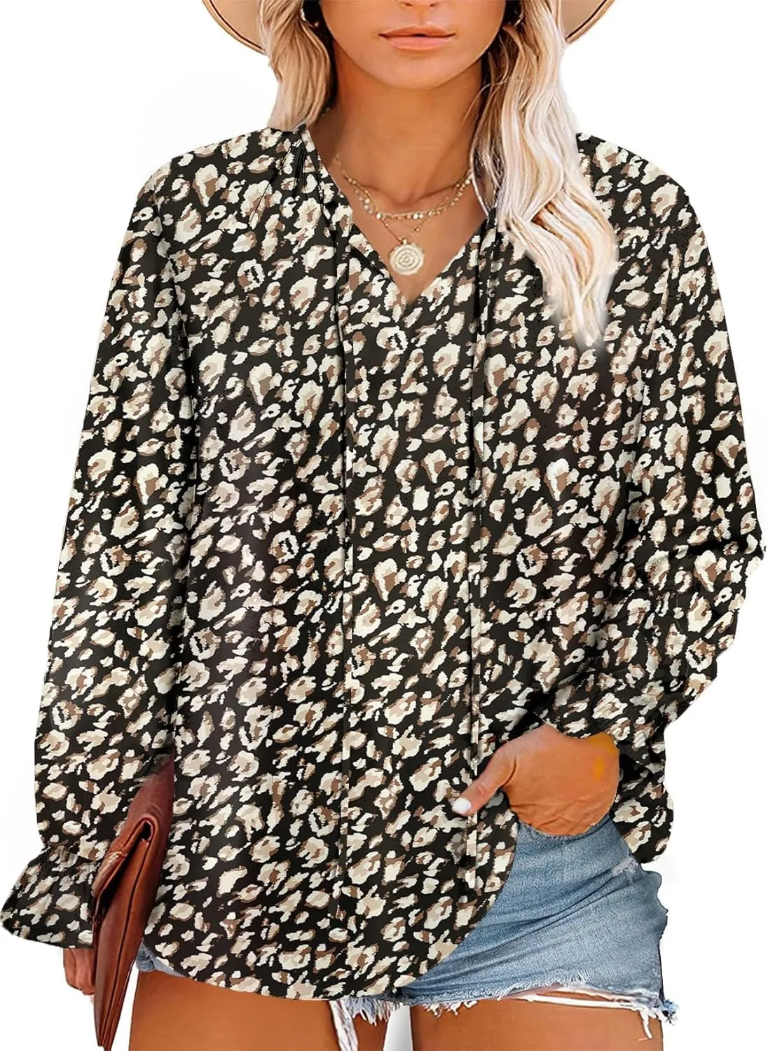 Eytino Plus Size Tops for Women Boho Floral Print V Neck Long Sleeve Drawstring Chiffon Blouses Shirts(1X-5X)