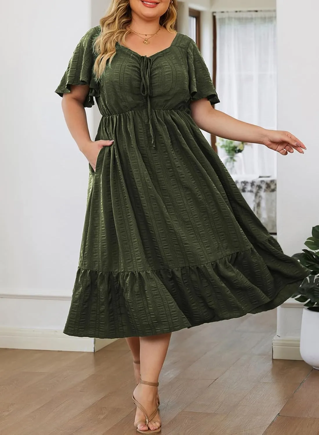 Eytino Womens Plus Size Summer Dress Short Sleeve Sweetheart Neck Ruffle Tiered Maxi Long Dresses(1X-5X)