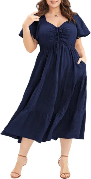 Eytino Womens Plus Size Summer Dress Short Sleeve Sweetheart Neck Ruffle Tiered Maxi Long Dresses(1X-5X)