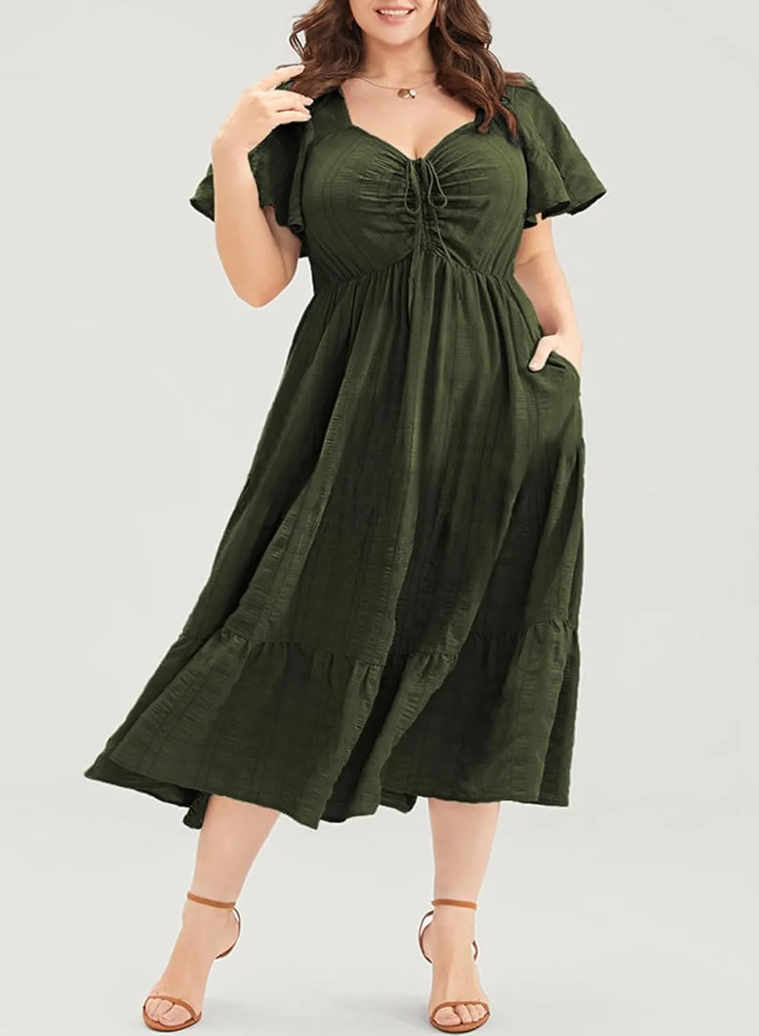 Eytino Womens Plus Size Summer Dress Short Sleeve Sweetheart Neck Ruffle Tiered Maxi Long Dresses(1X-5X)