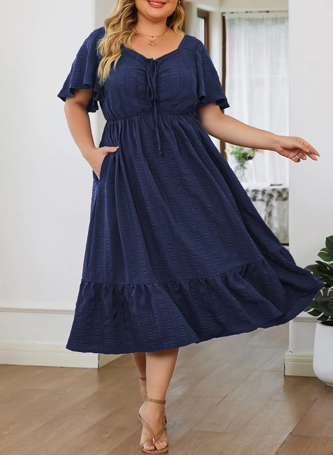 Eytino Womens Plus Size Summer Dress Short Sleeve Sweetheart Neck Ruffle Tiered Maxi Long Dresses(1X-5X)