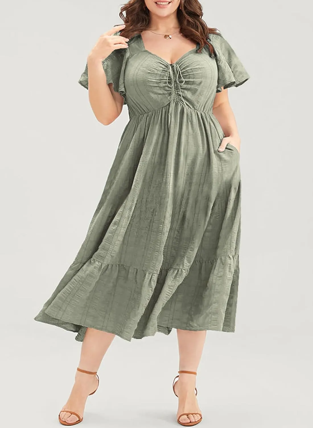 Eytino Womens Plus Size Summer Dress Short Sleeve Sweetheart Neck Ruffle Tiered Maxi Long Dresses(1X-5X)