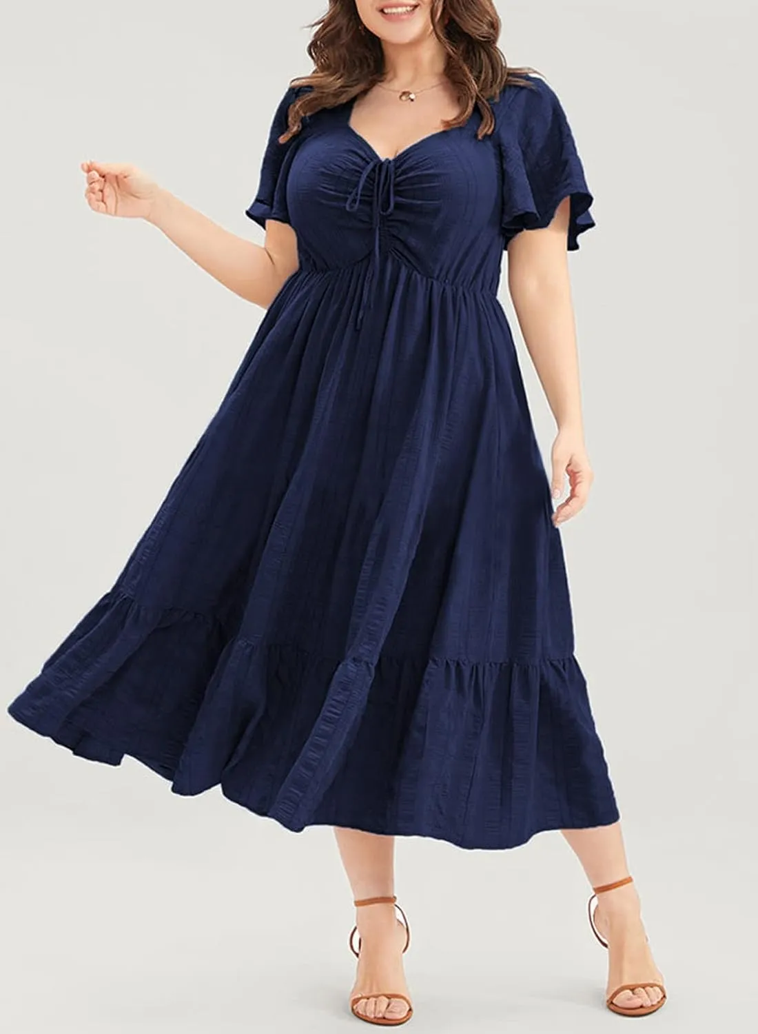 Eytino Womens Plus Size Summer Dress Short Sleeve Sweetheart Neck Ruffle Tiered Maxi Long Dresses(1X-5X)