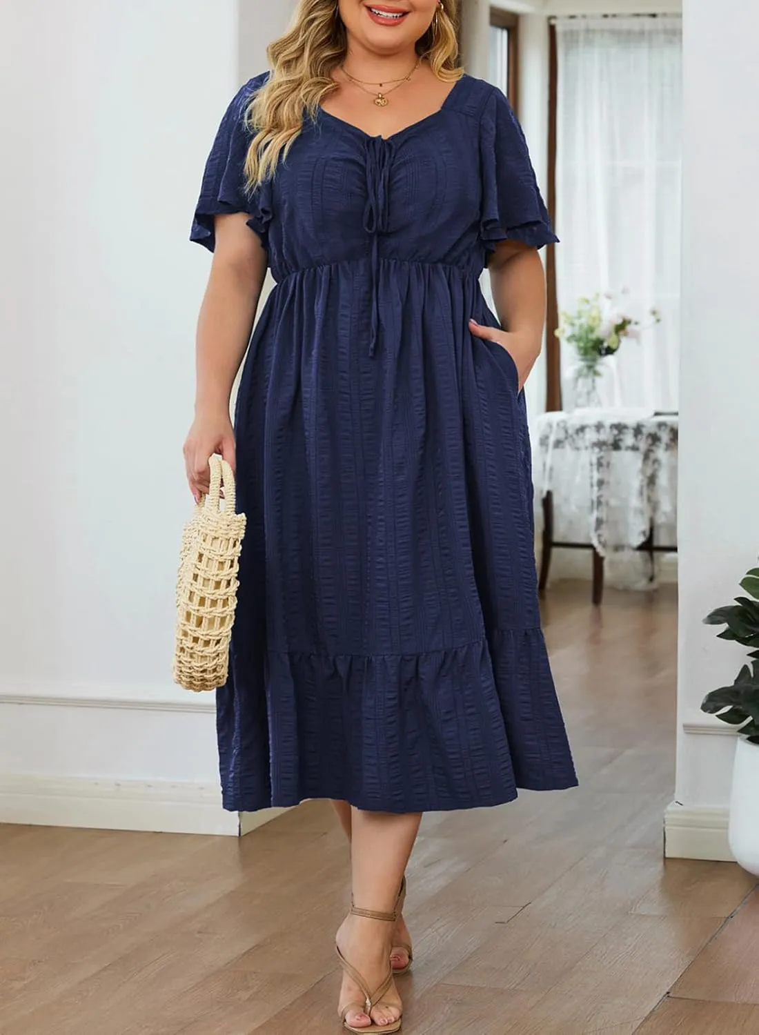 Eytino Womens Plus Size Summer Dress Short Sleeve Sweetheart Neck Ruffle Tiered Maxi Long Dresses(1X-5X)