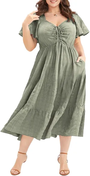 Eytino Womens Plus Size Summer Dress Short Sleeve Sweetheart Neck Ruffle Tiered Maxi Long Dresses(1X-5X)