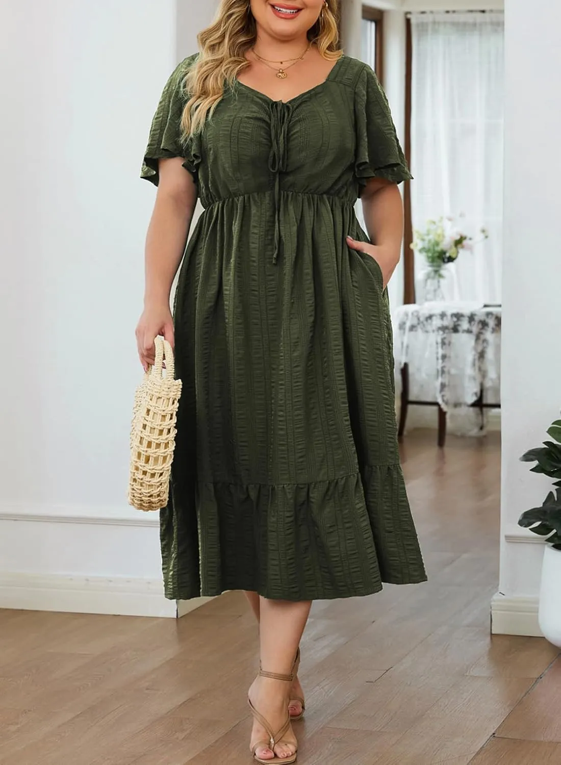 Eytino Womens Plus Size Summer Dress Short Sleeve Sweetheart Neck Ruffle Tiered Maxi Long Dresses(1X-5X)