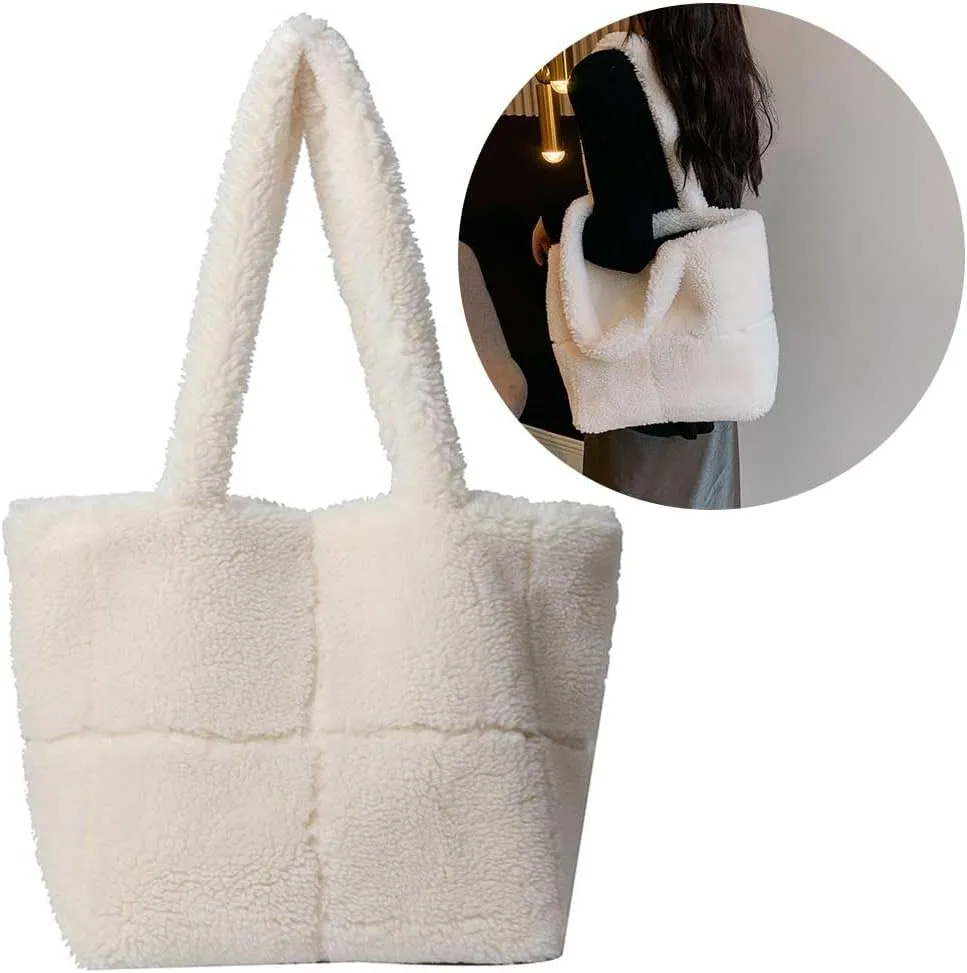 Faux Handbag Women Large Lambswool Tote Bag Lightweight Plush Tote Handbag Fuzzy Shoulder Bag Winter Shopping Bag