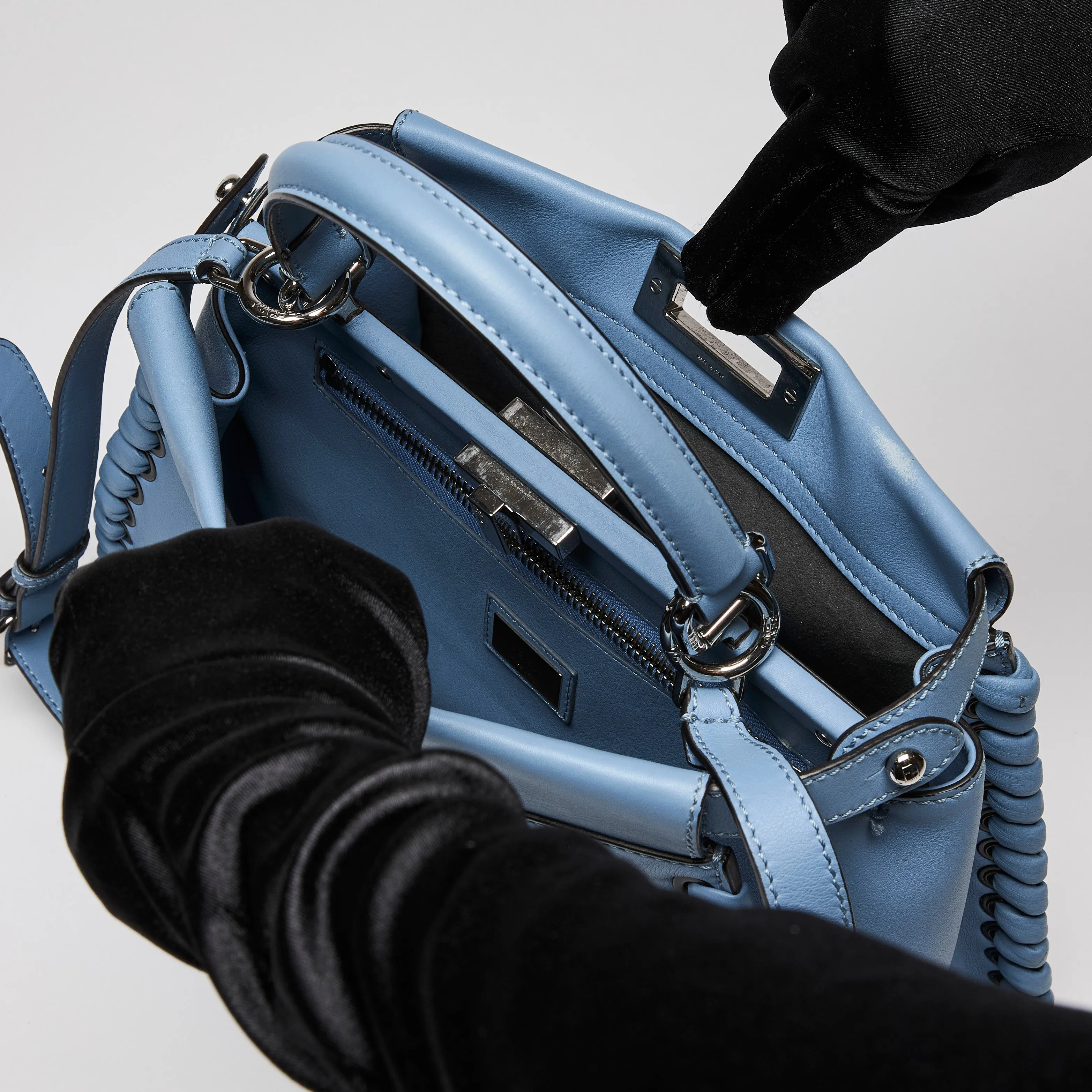 Fendi Nappa Lace Up Peekaboo Iconic Satchel Blue