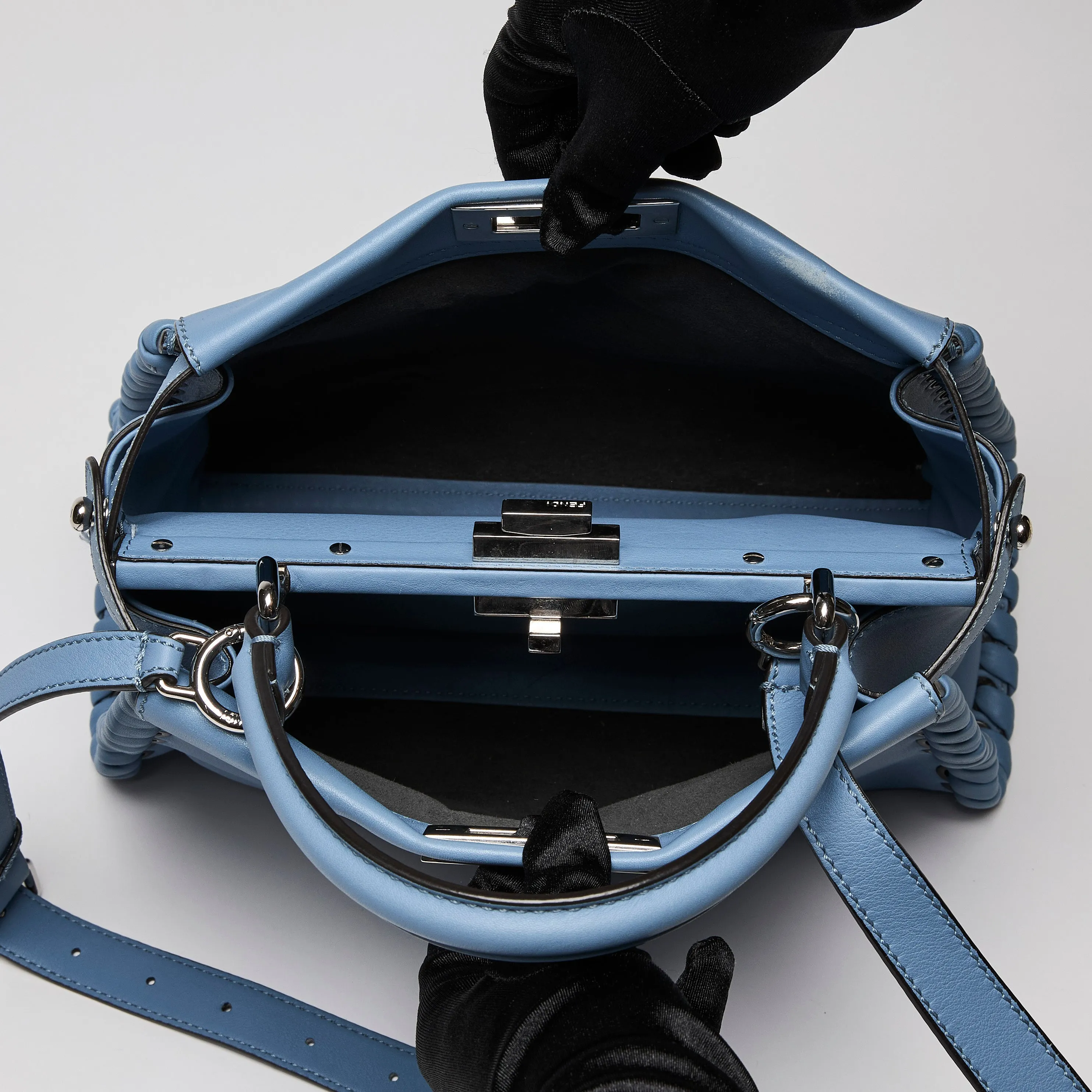 Fendi Nappa Lace Up Peekaboo Iconic Satchel Blue