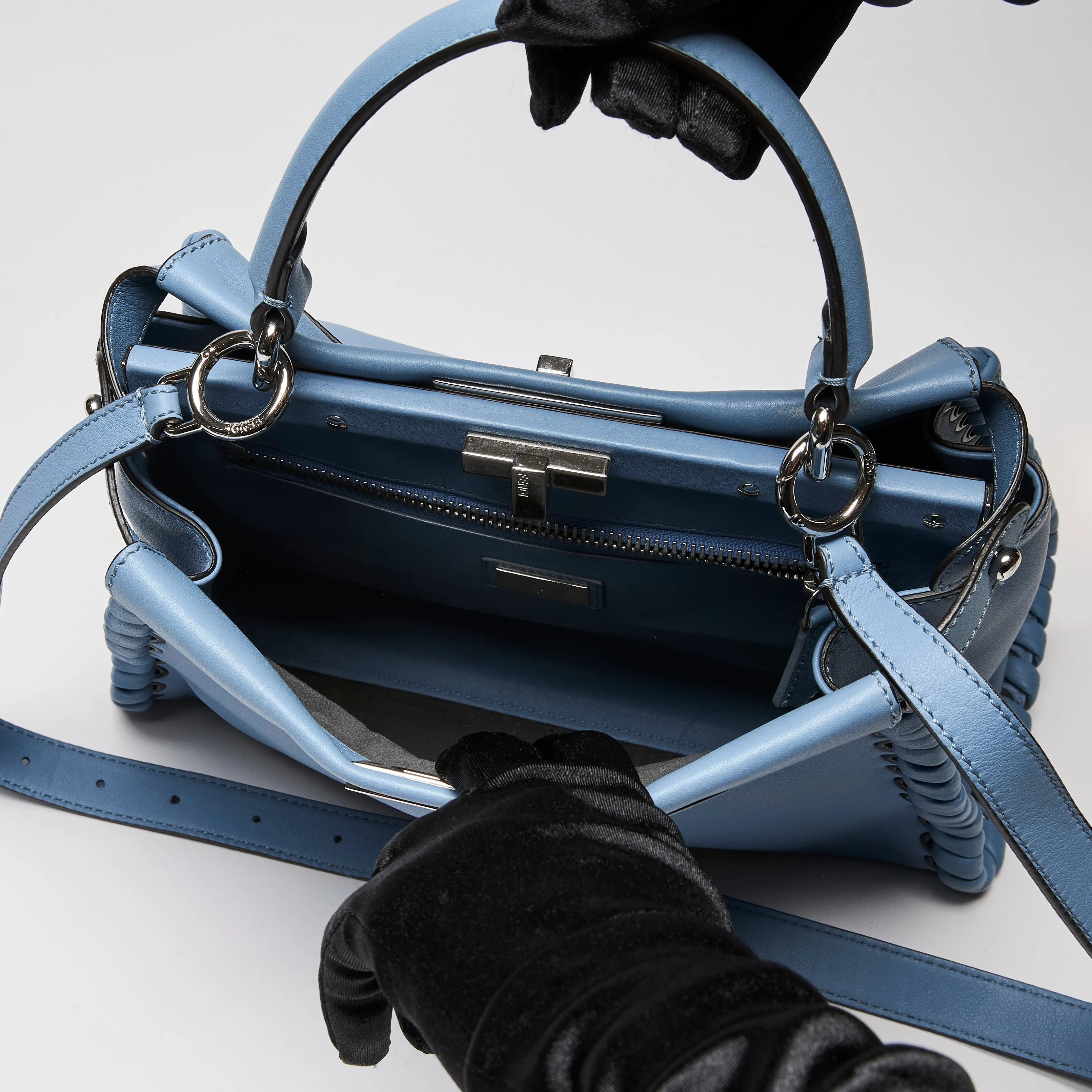 Fendi Nappa Lace Up Peekaboo Iconic Satchel Blue