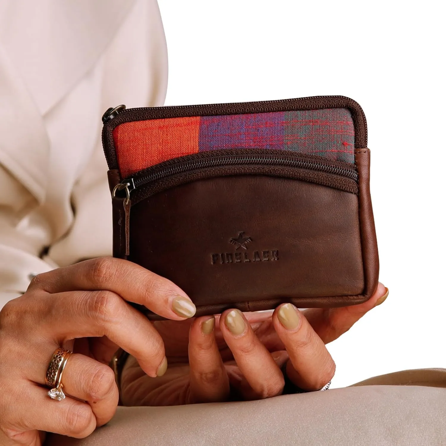 FINELAER Leather Coin Pouch Purse Wallet Change Pocket Size Holder Zipper For Men & Women (Ginger Bread)