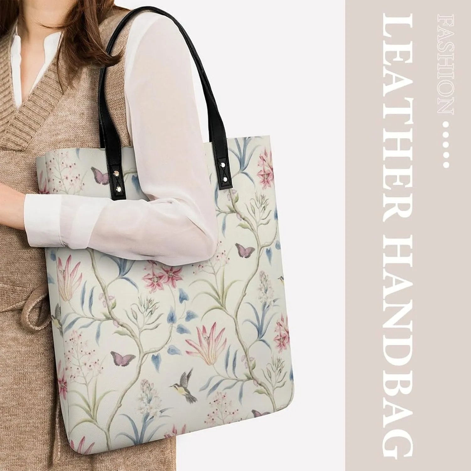 Floral Bird Tropical Paradise Hawaii Leather Handbag with Large Space, Fashionable Handbag