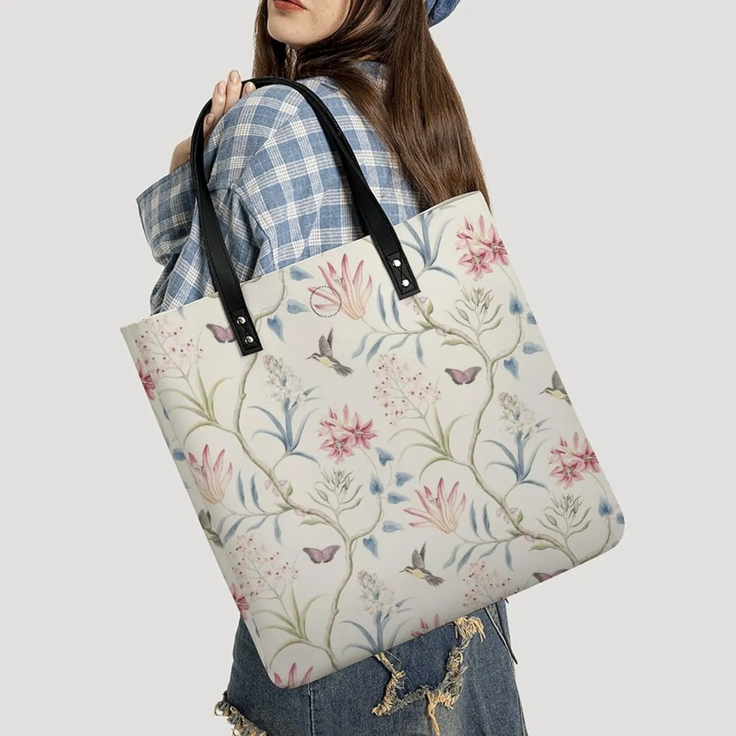 Floral Bird Tropical Paradise Hawaii Leather Handbag with Large Space, Fashionable Handbag