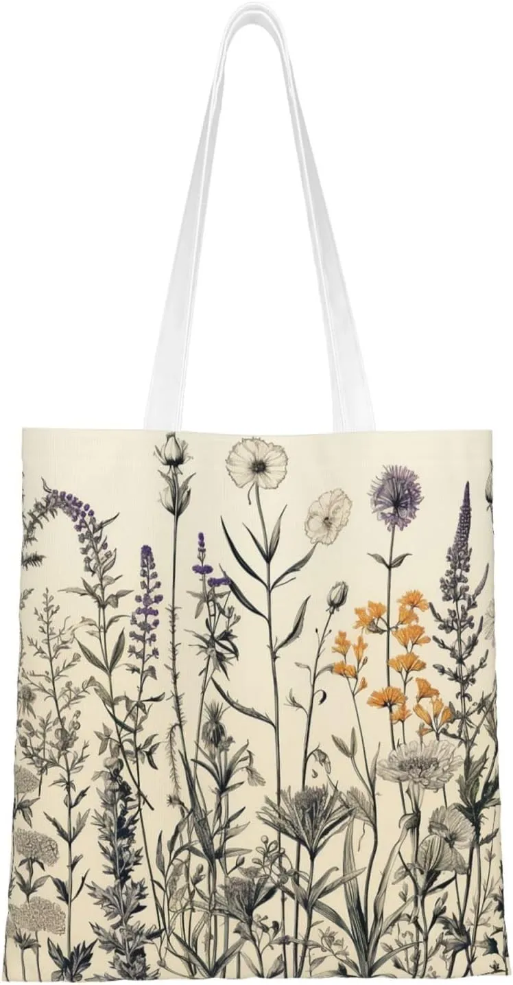 Floral Herbs Botanical Engraving Canvas Tote Bag for Women Grocery Bag Reusable Aesthetic Shopping Bags Beach Handbag