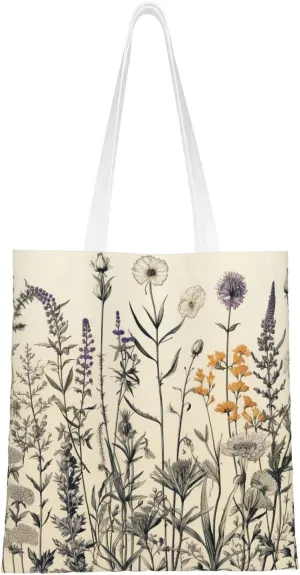 Floral Herbs Botanical Engraving Canvas Tote Bag for Women Grocery Bag Reusable Aesthetic Shopping Bags Beach Handbag