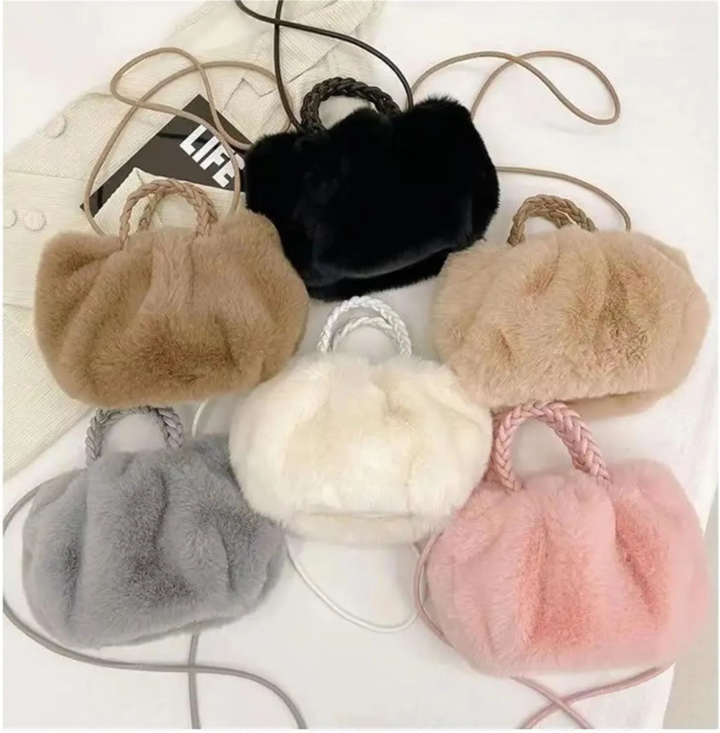 Fluffy Bag Handbags for Women Messenger Bag Cute Lady Casual Furry Cotton Shoulder Bag(Rice White)