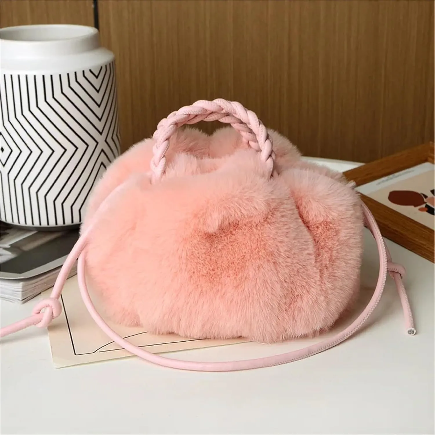 Fluffy Bag Handbags for Women Messenger Bag Cute Lady Casual Furry Cotton Shoulder Bag(Rice White)