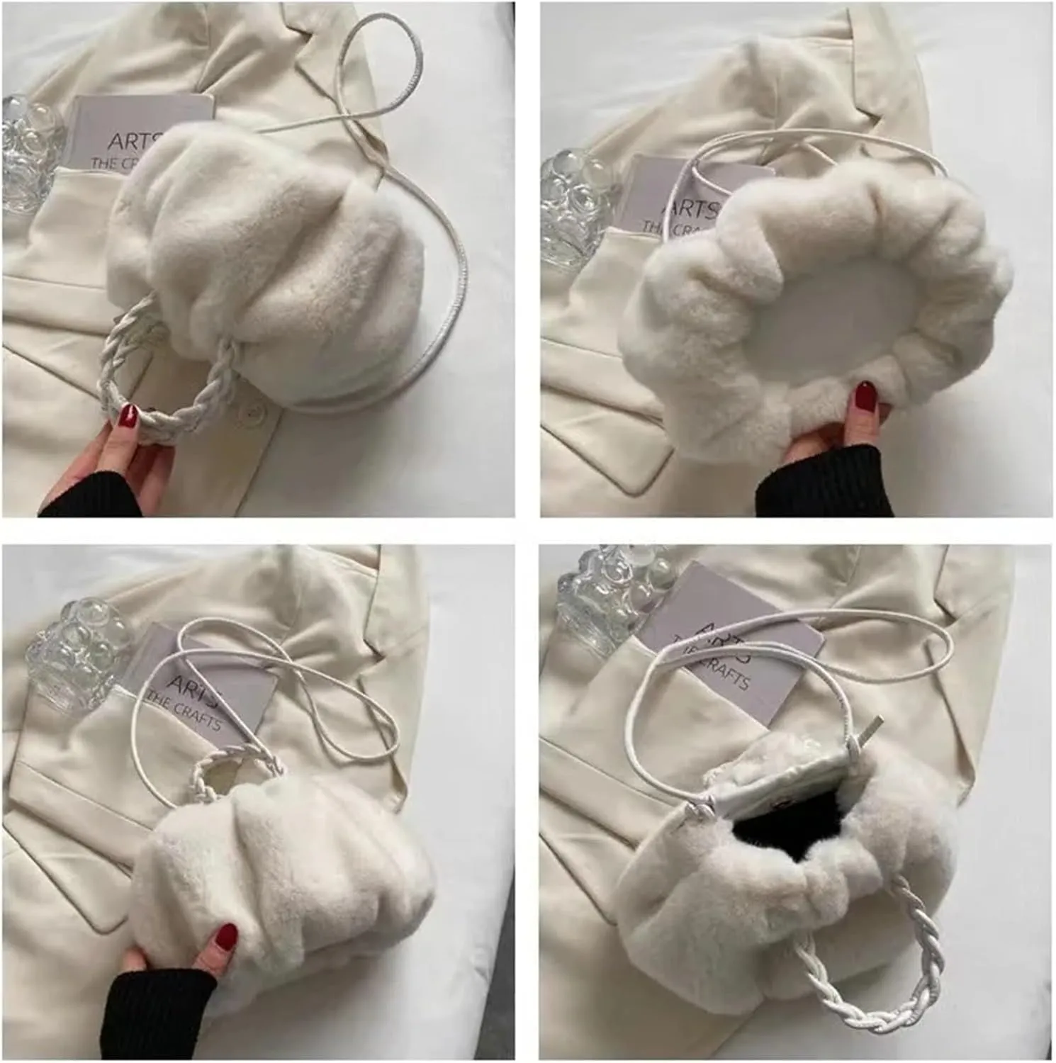 Fluffy Bag Handbags for Women Messenger Bag Cute Lady Casual Furry Cotton Shoulder Bag(Rice White)