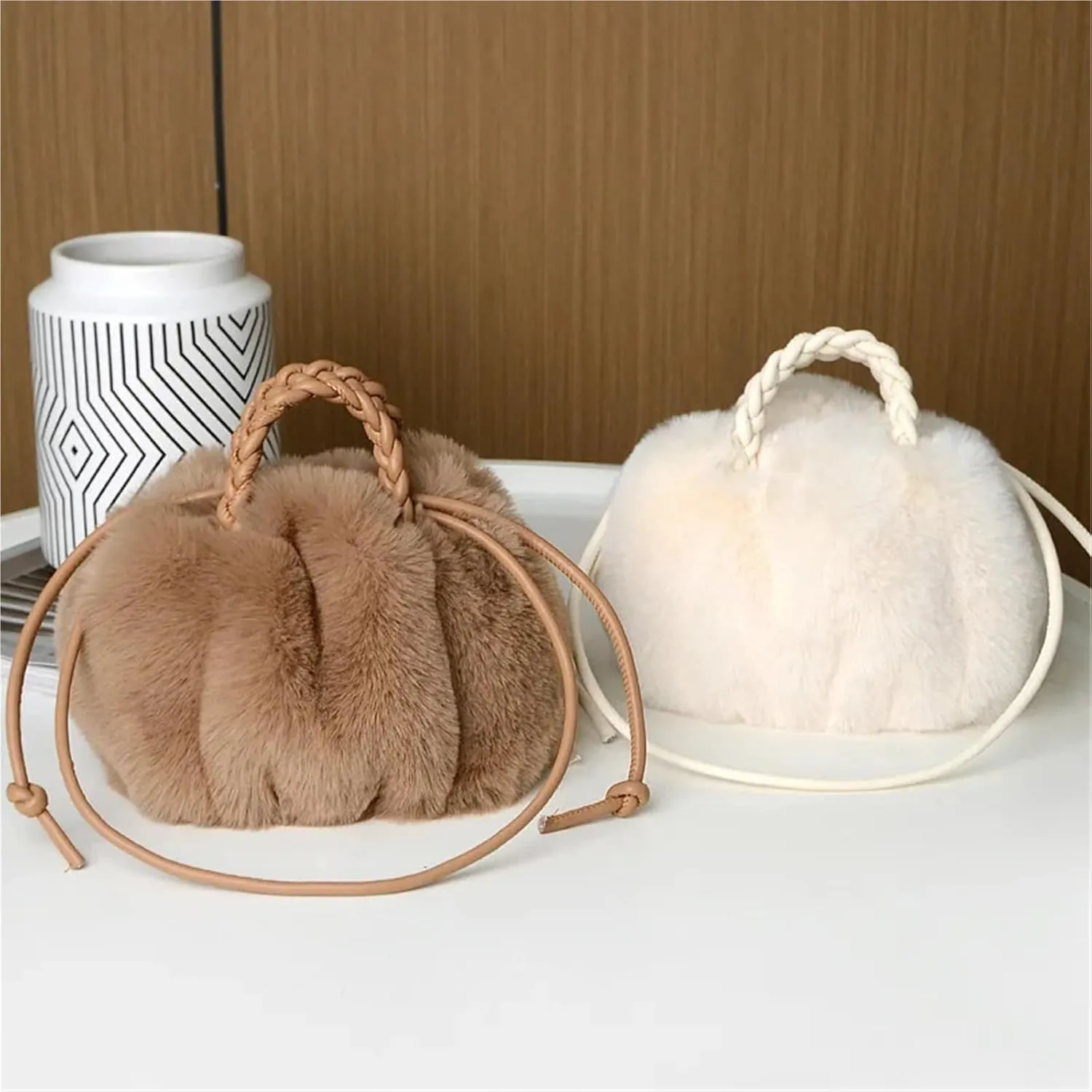 Fluffy Bag Handbags for Women Messenger Bag Cute Lady Casual Furry Cotton Shoulder Bag(Rice White)