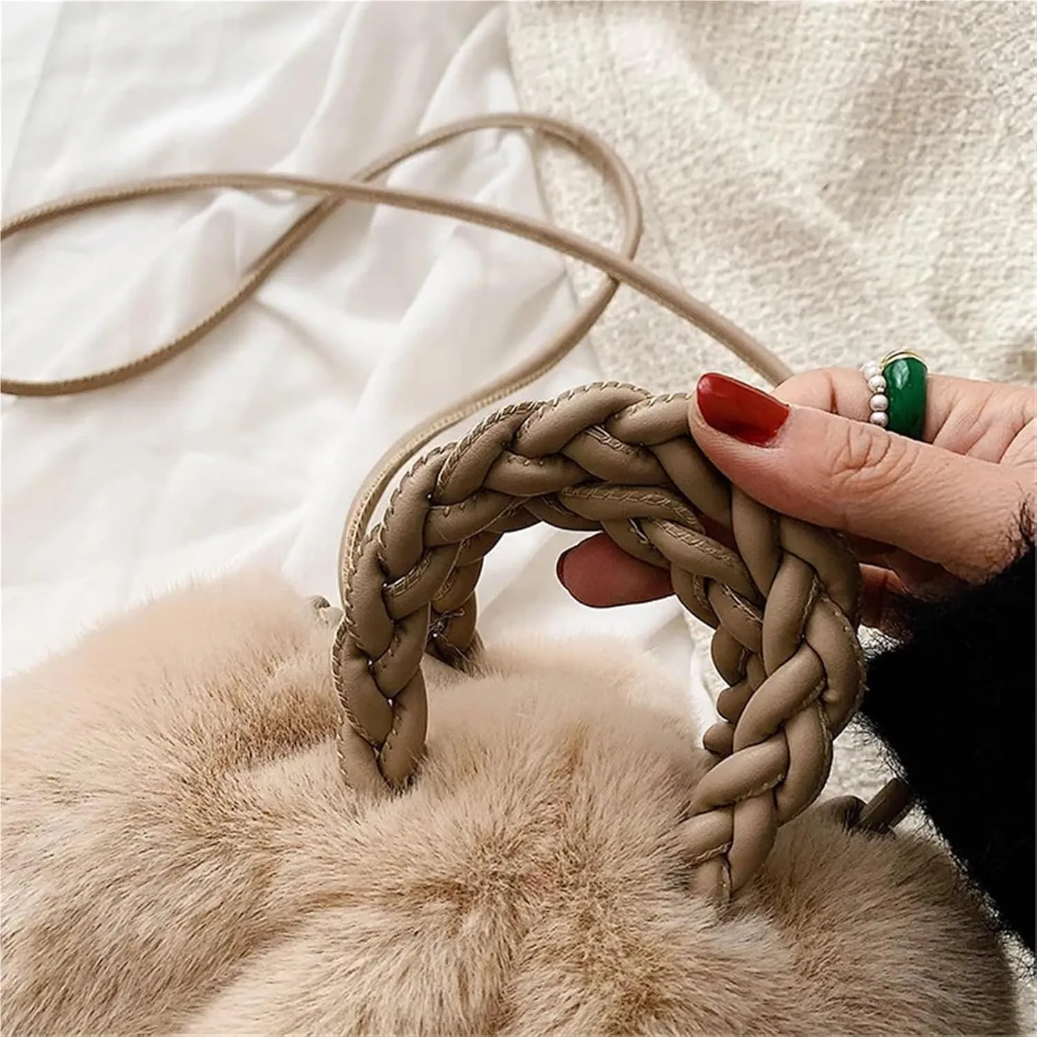 Fluffy Bag Handbags for Women Messenger Bag Cute Lady Casual Furry Cotton Shoulder Bag(Rice White)