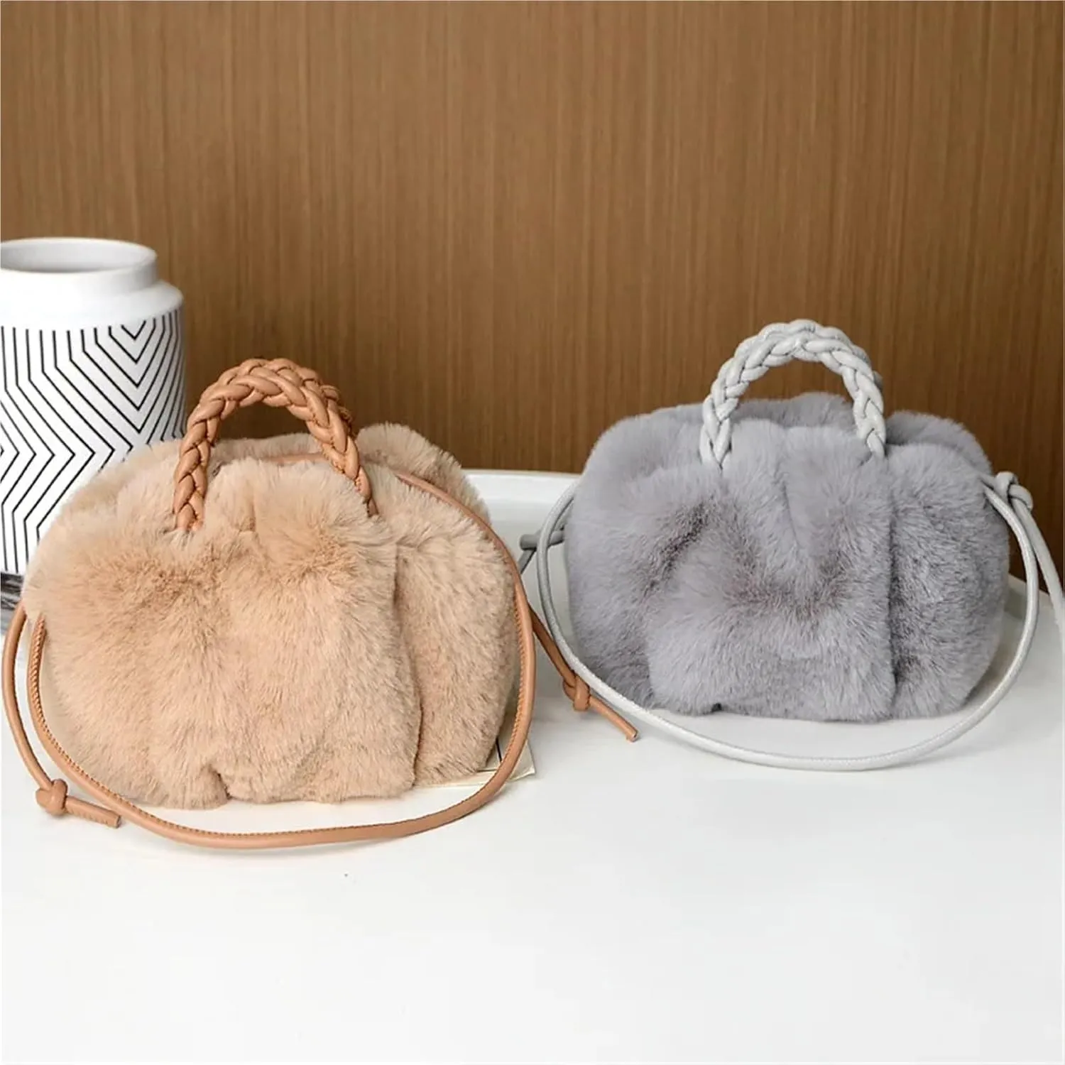 Fluffy Bag Handbags for Women Messenger Bag Cute Lady Casual Furry Cotton Shoulder Bag(Rice White)