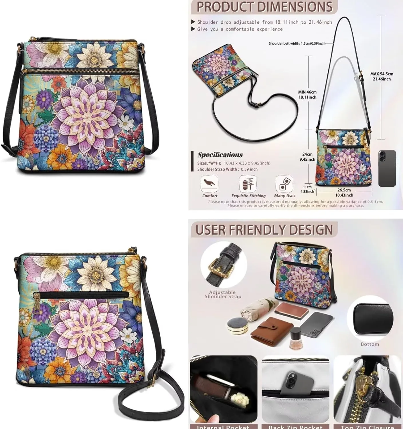 FOR U DESIGNS Leather Crossbody Bags for Women Trendy Travel Shoulder Satchel Handbags Zipper Closure Purse and Wallet Set