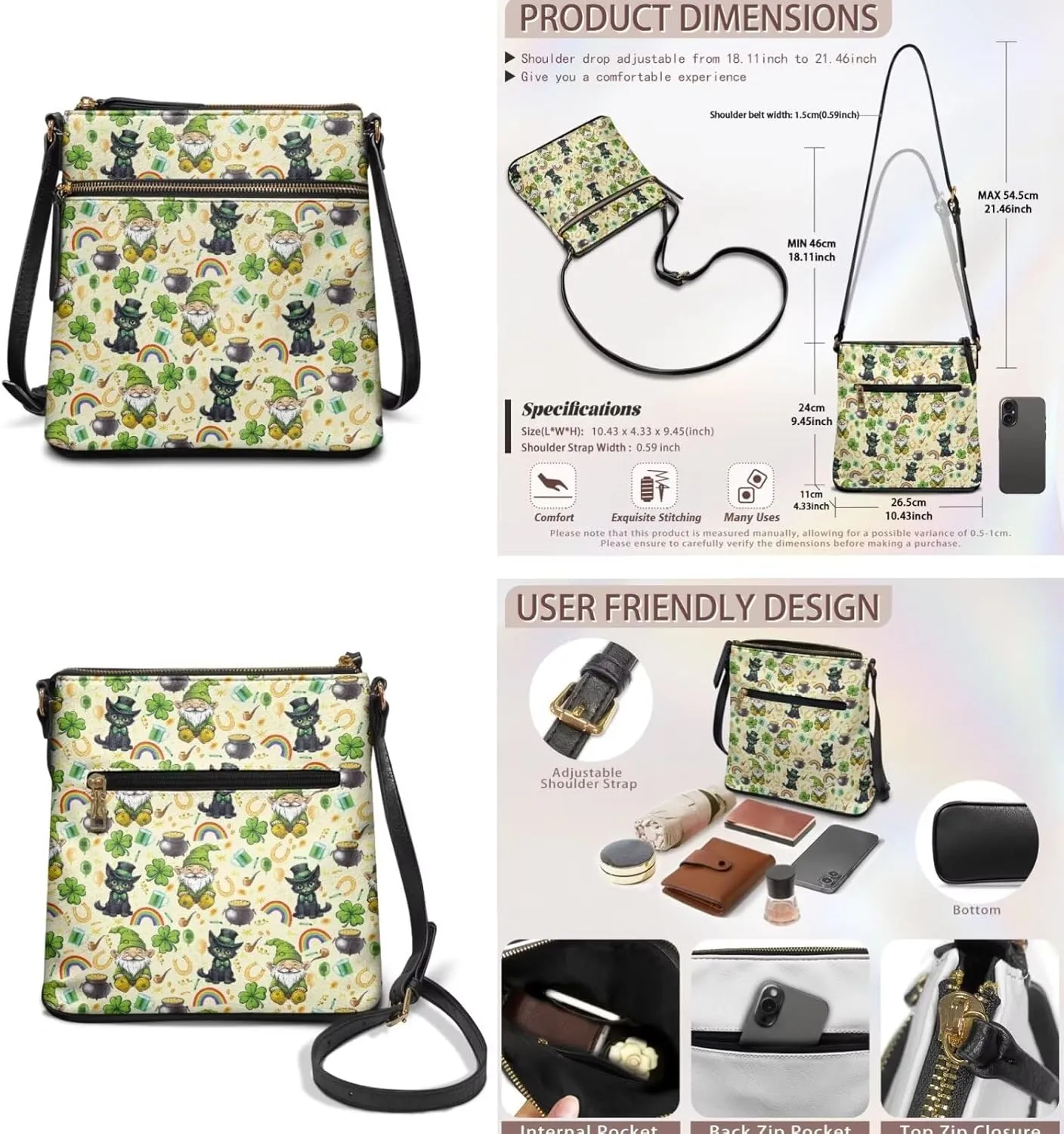 FOR U DESIGNS St. Patrick's Day Green Leaves Crossbody Bags for Women Leather Shoulder Handbags Matching Wallet Set