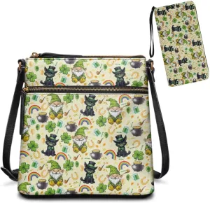 FOR U DESIGNS St. Patrick's Day Green Leaves Crossbody Bags for Women Leather Shoulder Handbags Matching Wallet Set