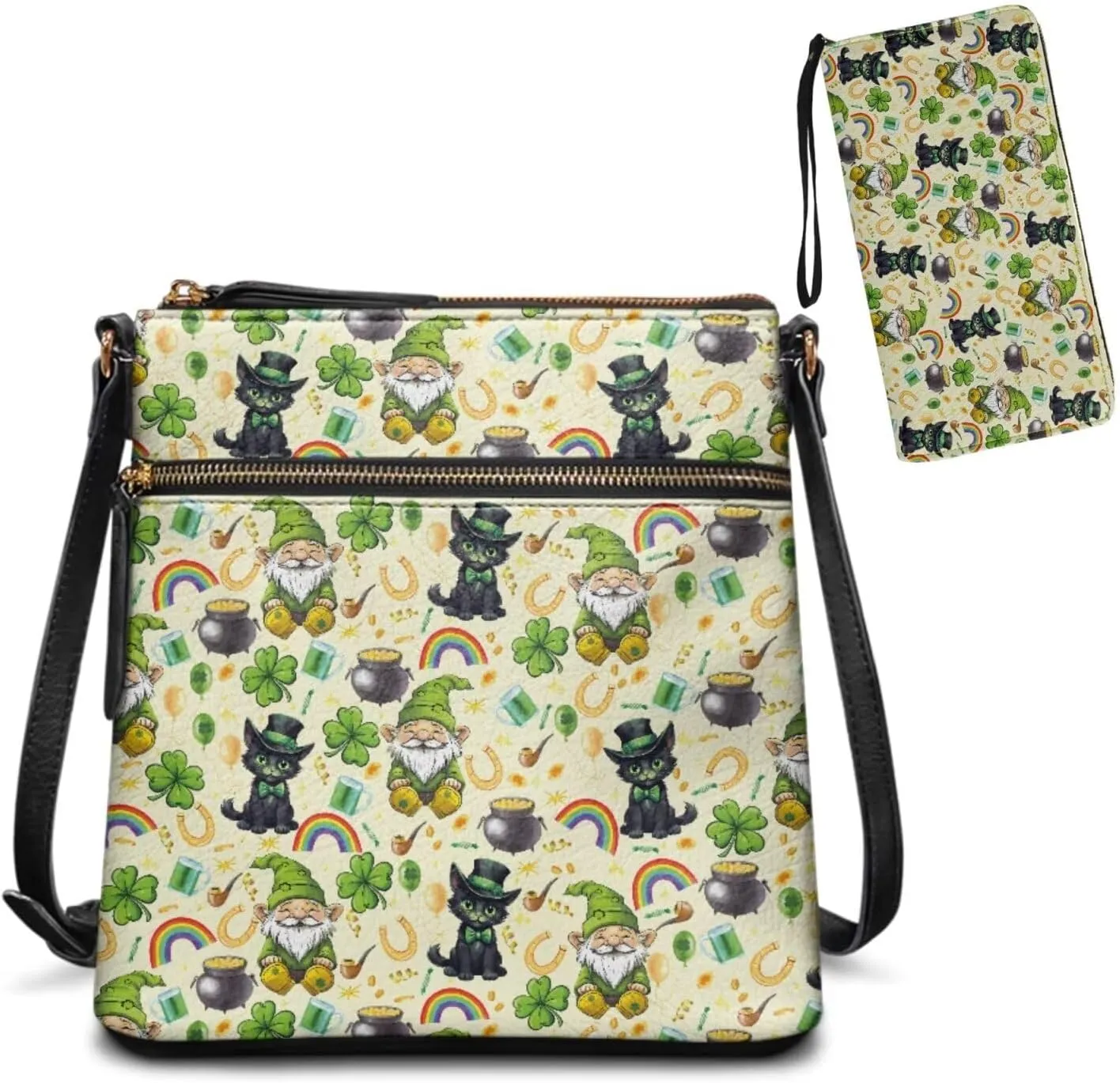 FOR U DESIGNS St. Patrick's Day Green Leaves Crossbody Bags for Women Leather Shoulder Handbags Matching Wallet Set