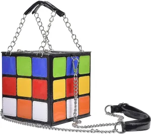 Forest & Twelfth Women’s Puzzle Cube Shape Handbag, Stylish Puzzle-inspired Cute Purse, Glossy PU Leather black bag with Silver Chain Handle Shoulder Strap, Crossbody Chain Handbags for Girls
