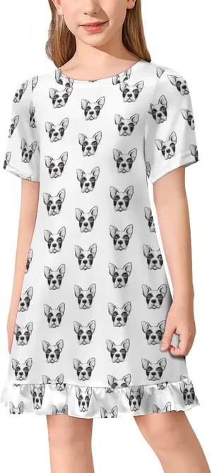 French Bulldog Cute Dogs Girls' Short Sleeve Summer Dress Kids Crewneck Loose Casual Dresses 120CM