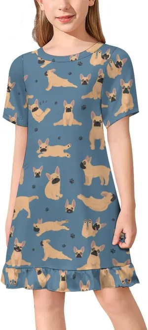 French Bulldog Girls' Short Sleeve Summer Dress Kids Crewneck Loose Casual Dresses 150CM