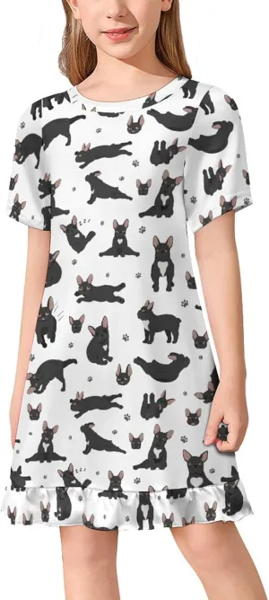 French Bulldog Yoga Poses Girls' Short Sleeve Summer Dress Kids Crewneck Loose Casual Dresses 150CM