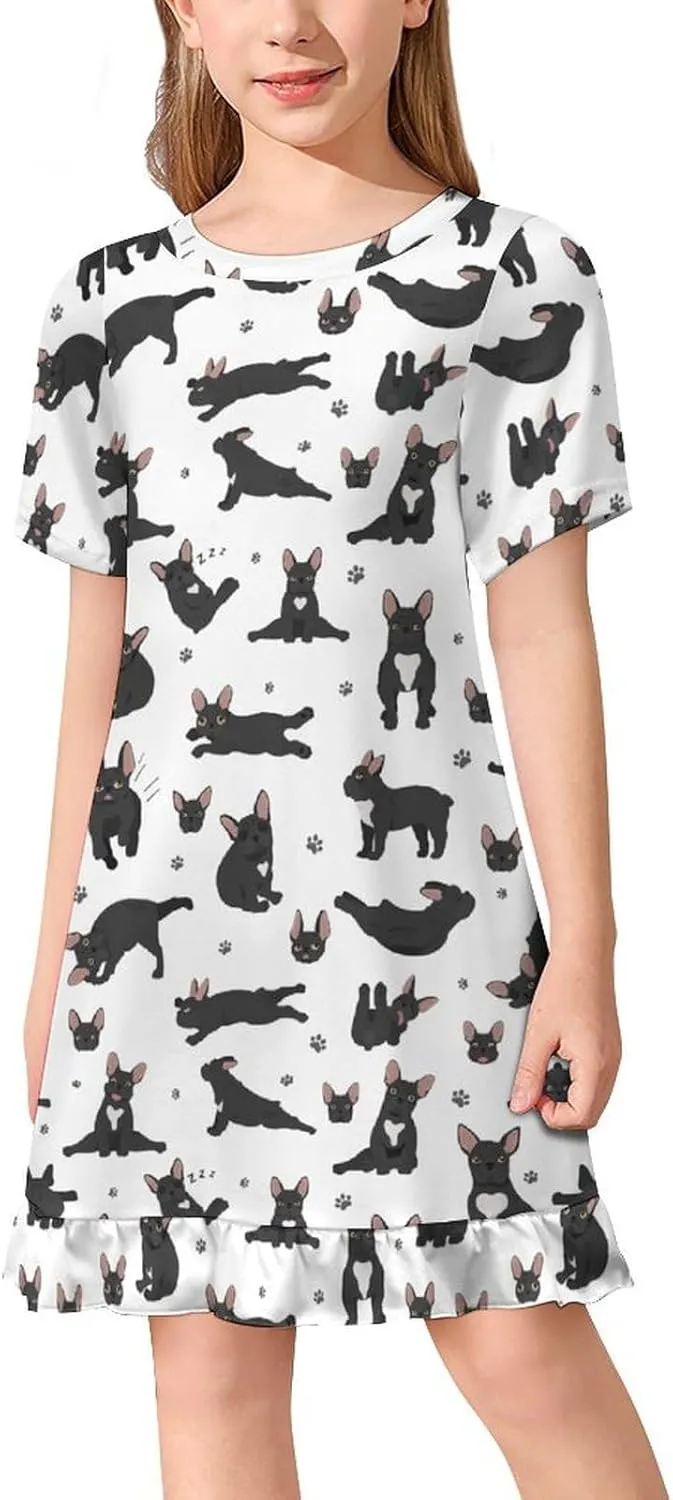 French Bulldog Yoga Poses Girls' Short Sleeve Summer Dress Kids Crewneck Loose Casual Dresses 150CM