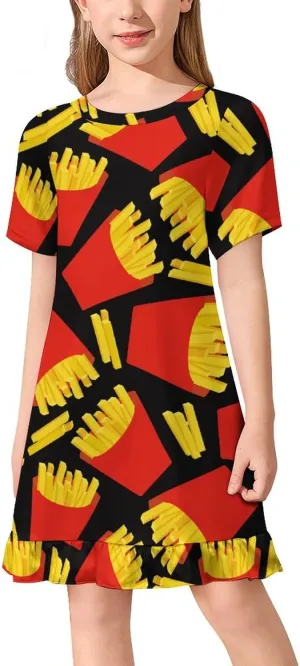 French Fries (3) Girls' Short Sleeve Summer Dress Kids Crewneck Loose Casual Dresses 150CM